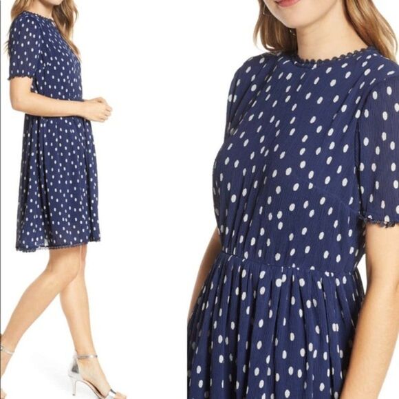 1901 Nordstrom Polka Dot Crinkle Chiffon Fit Flare Dress size Medium Petite - Picture 2 of 14